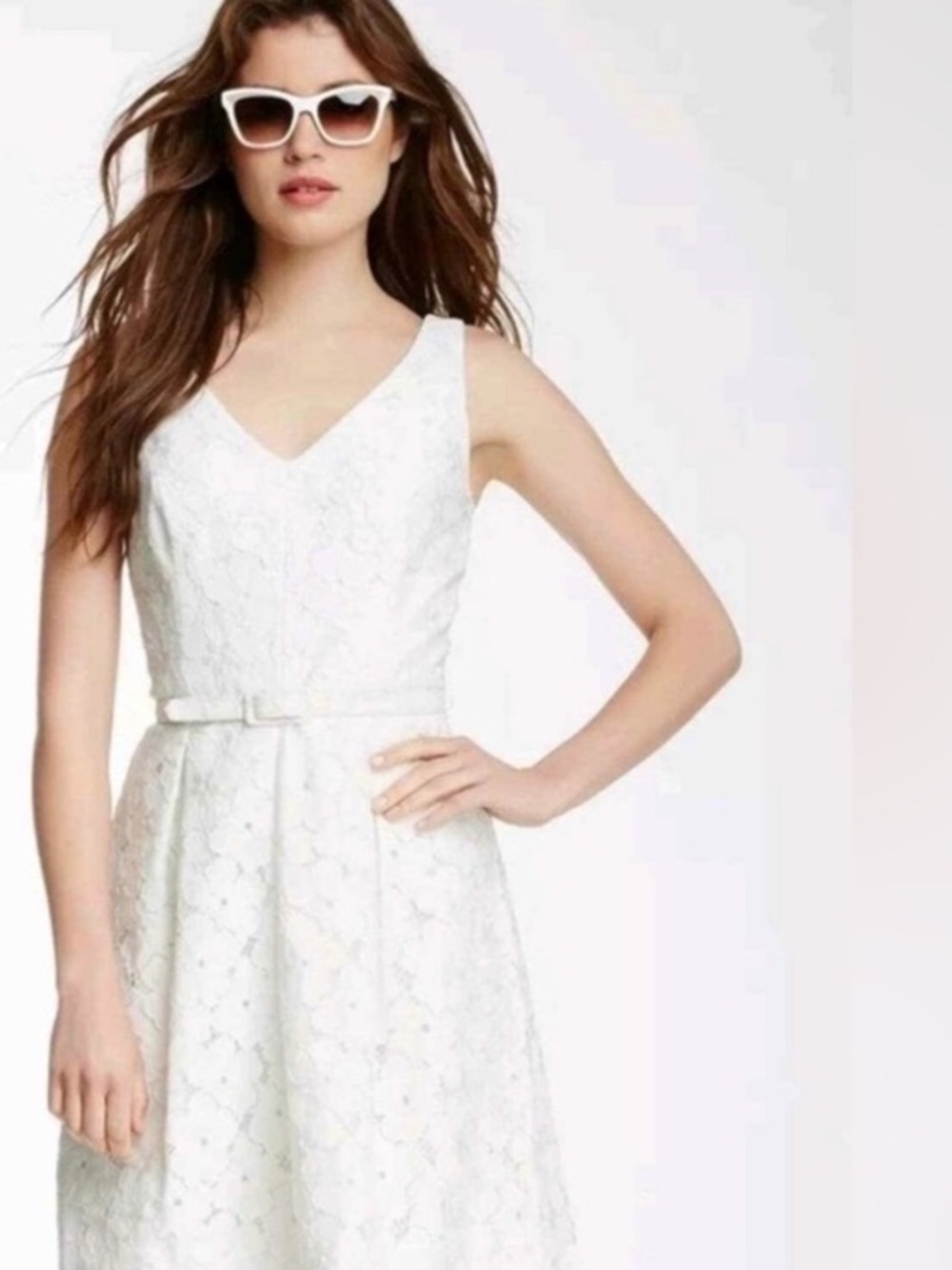 Trina Turk White Lace Sleeveless V-Neck Fit & Flare Dress with Belt Size 0 NWT